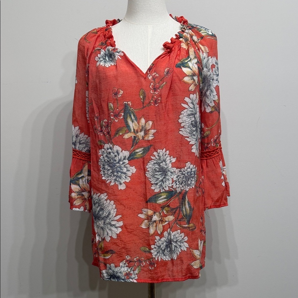 Spense Size M Orange  Floral Tunic Top V-Neck  3/4 Flare Sleeve
